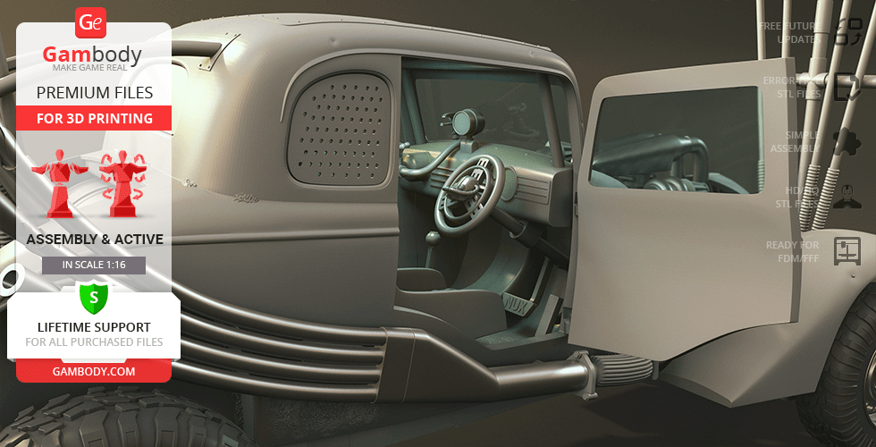 A detailed 3D model of a rugged car interior, available for 3D printing from Gambody.
