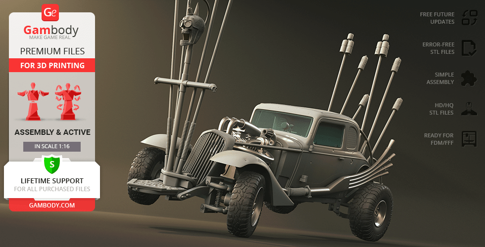A rugged, post-apocalyptic car with large tires, weapon-like structures, and pipes on its roof.