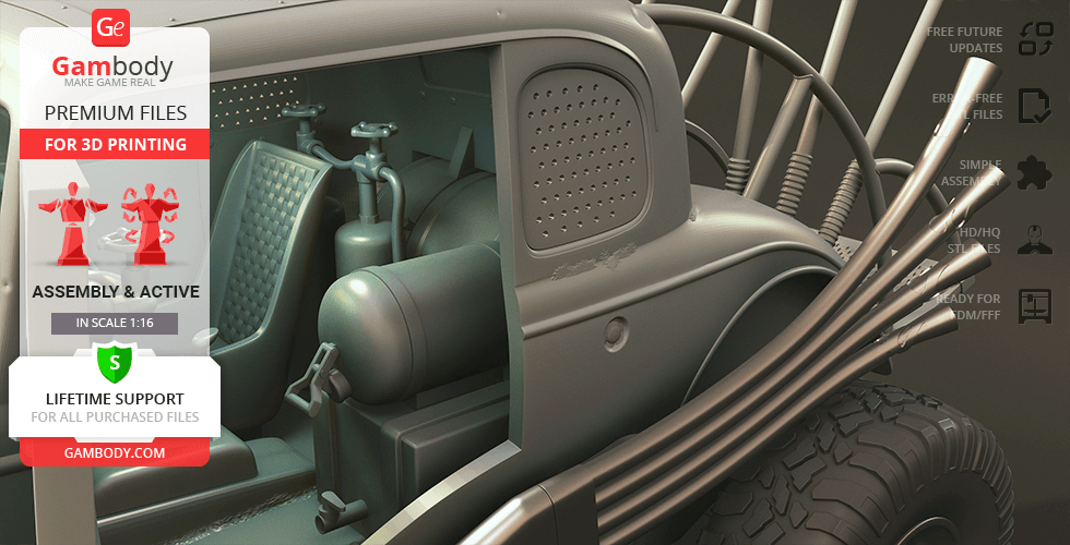 Futuristic car interior 3D model with detailed features and mechanical components for printing.
