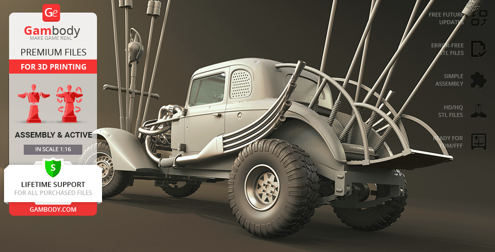 A rugged, detailed car model with exposed frame and accessories, designed for 3D printing.