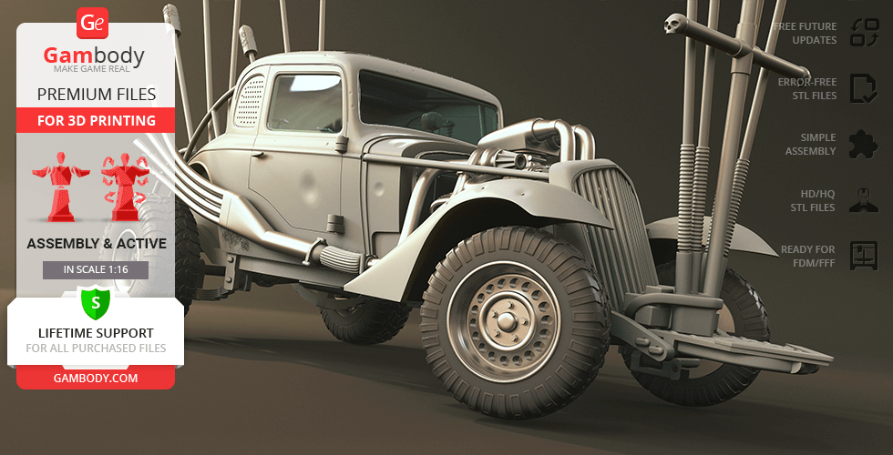 Detailed 3D model of a rugged, post-apocalyptic car with large tires and pipes for 3D printing.