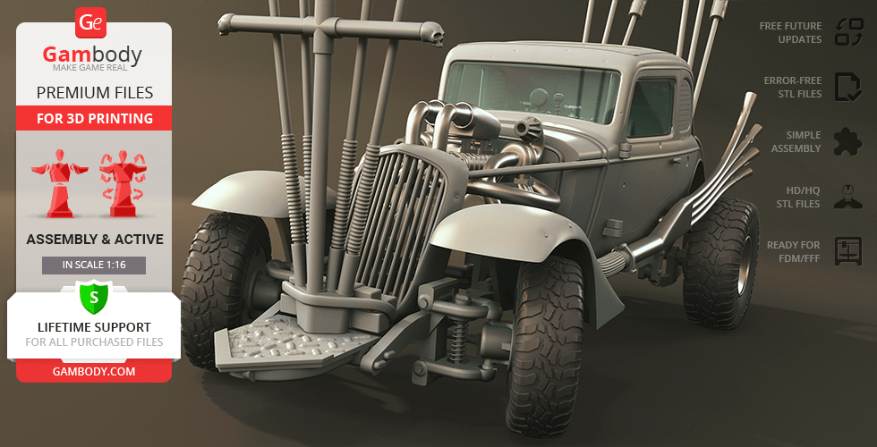 A detailed 3D model of a modified, rugged vehicle with pipes and large tires, designed for 3D printing.