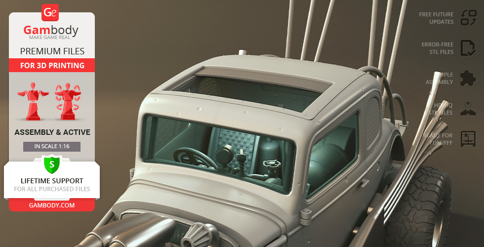 A detailed 3D model of a modified car for printing, featuring pipes and a rugged design.