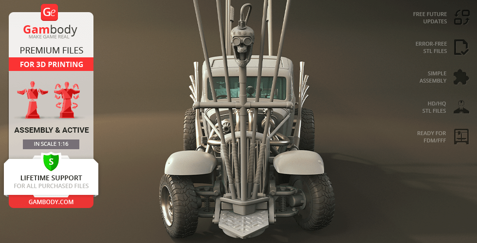 A rugged, heavily modified post-apocalyptic vehicle with rods and a skull ornament on the front.