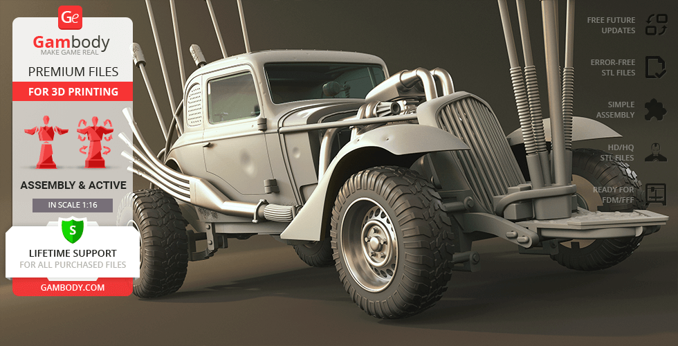 A rugged, post-apocalyptic car model designed for 3D printing, featuring large tires and external pipes.
