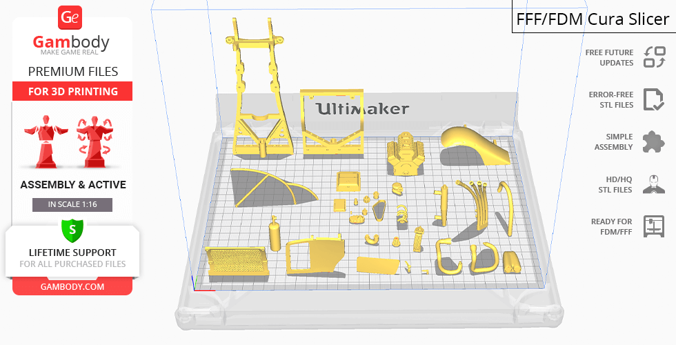 Assorted 3D printable parts for the Nux Car model, arranged on a virtual build plate.