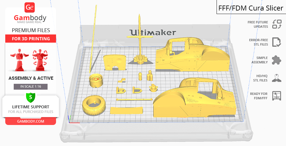 STL files displayed in a 3D slicer, showcasing parts for assembling the Nux Car model.