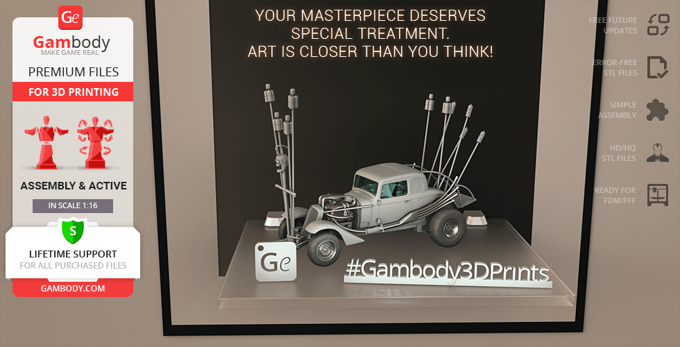 Vintage-style armored car 3D model with mounted poles and accessories on display platform.