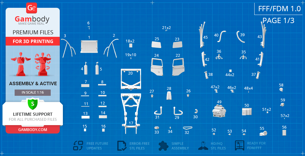 Blueprint layout of 3D printable Nux Car parts and assembly guide from Gambody.