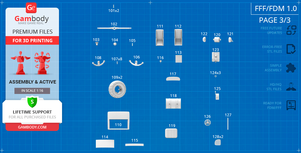 Blueprint-style layout of 3D printable car parts for the Nux Car model, with numbered components.
