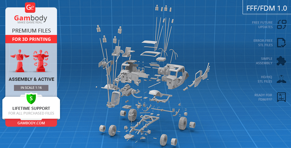 Exploded 3D model of a car for printing, with labeled parts and assembly information on a blue grid background.