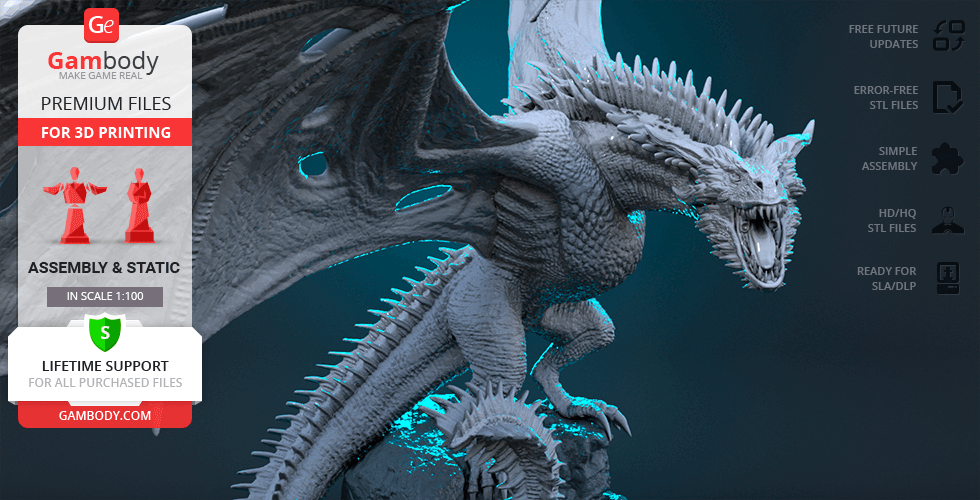 A detailed 3D model of a dragon on a rocky base, highlighting features for 3D printing by Gambody.