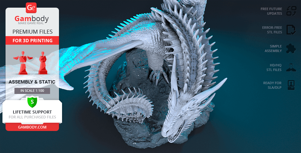 A detailed 3D model of a dragon with spiky scales, ready for 3D printing, shown on Gambody's interface.