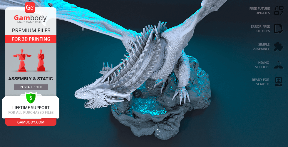 A detailed 3D model of a dragon perched on rocks, designed for 3D printing.