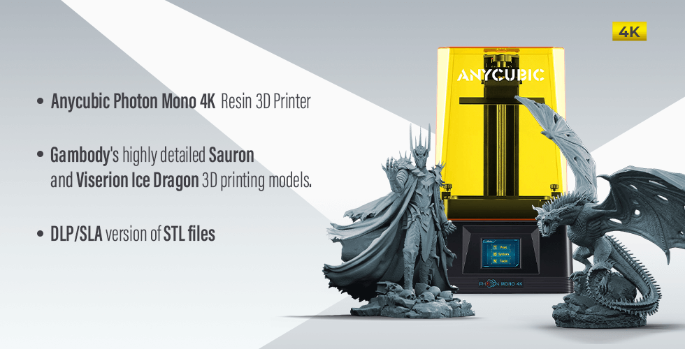 Anycubic Photon Mono 4K printer with detailed Viserion dragon and Sauron 3D models.