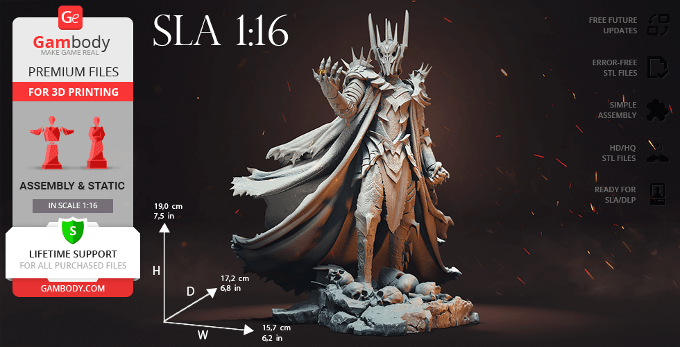 A 3D printed model of an armored figure with a spiked helmet, standing on a rocky base with skulls.