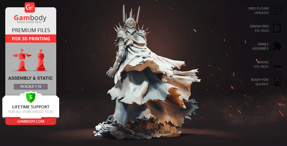 A detailed 3D model of a cloaked figure with a crown and armor, likely Sauron, ready for 3D printing.