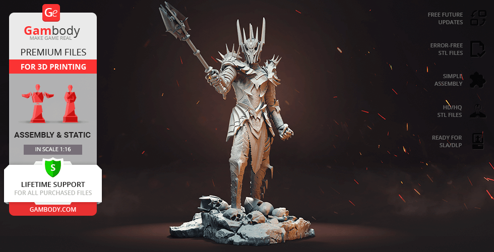 A detailed 3D model of an armored character with a spiked helmet, holding a mace, standing on a rocky base.