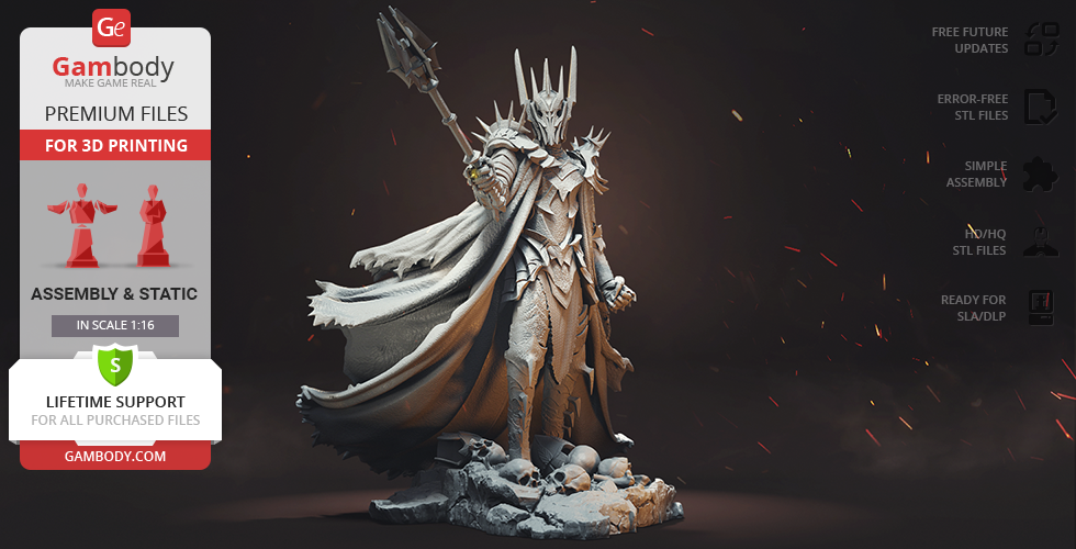 A detailed 3D model of a fantasy armored figure with a cape and helmet, standing on a rocky base with skulls.
