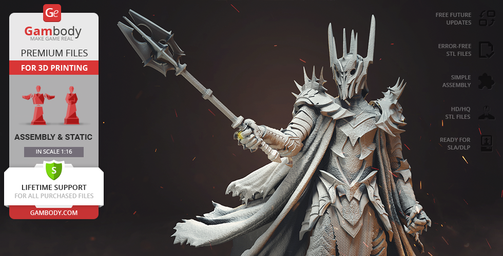 3D model of an armored figure with a spiked crown, holding a large mace, set for 3D printing.
