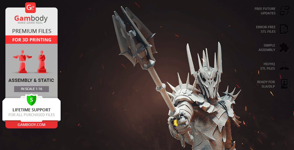 A detailed 3D model of an armored figure with a spiked helmet and staff, ready for 3D printing.