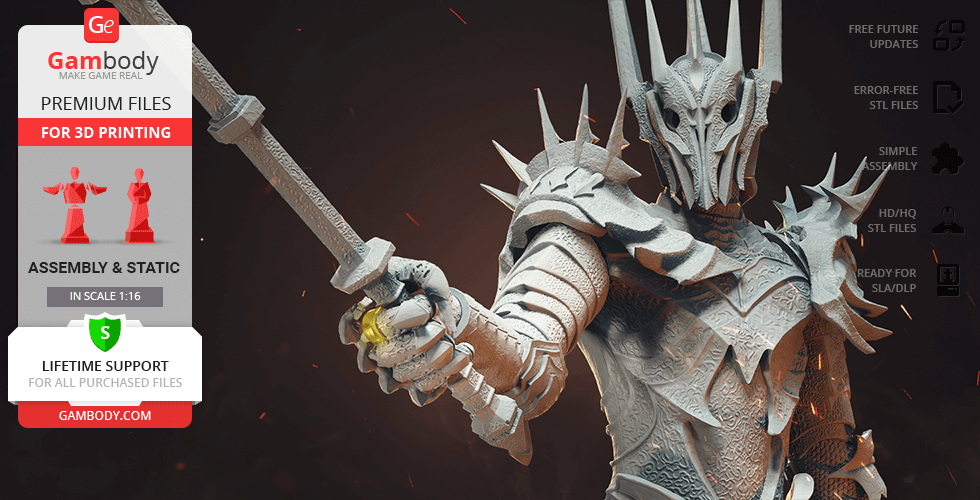 A detailed 3D model of an armored warrior with a sword, ready for printing. Includes Gambody promotion details.