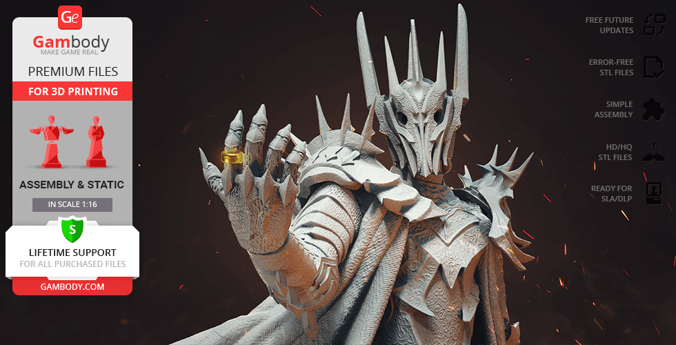 Armored character with spiked helmet holding a ring, surrounded by promotional text for 3D model files.