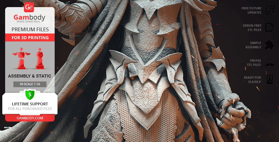 Detailed Sauron 3D model, ornate armor, Gambody promo for 3D printing files and support services.