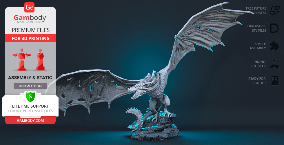 A detailed dragon 3D model with outstretched wings, ready for 3D printing, on a textured base.