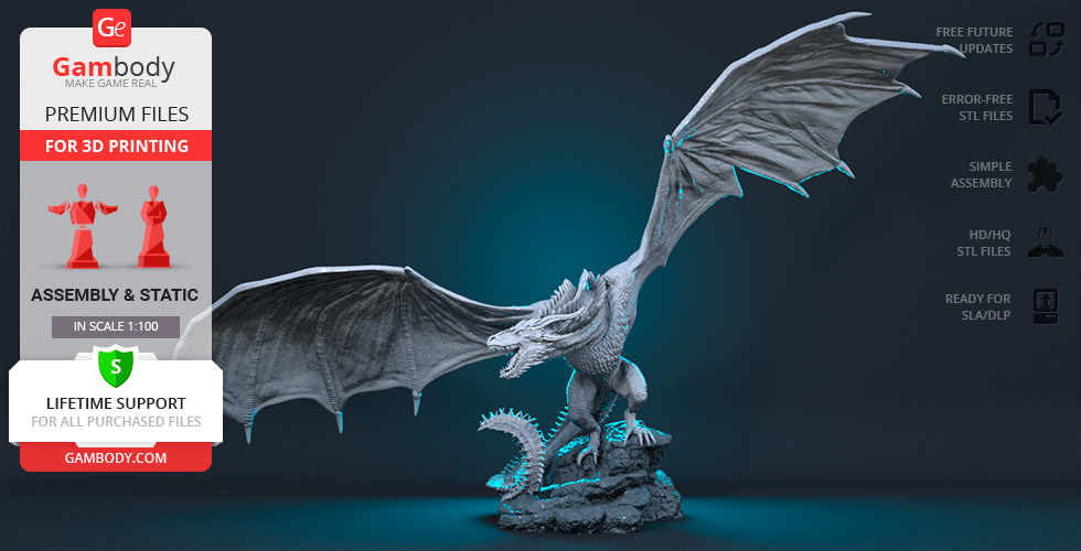 A detailed 3D model of a dragon with wide wings on a rocky base, designed for 3D printing.