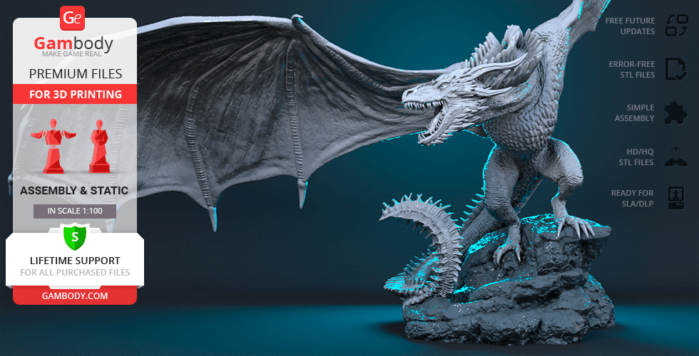 A detailed 3D model of a dragon with raised wings, perched on rocks, designed for 3D printing.
