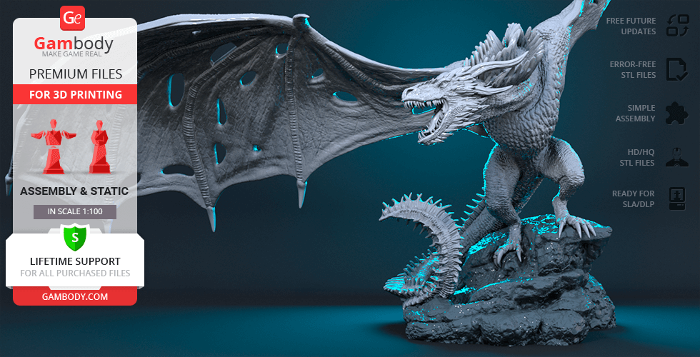 A detailed 3D model of a dragon with outstretched wings, perched on a rocky base.