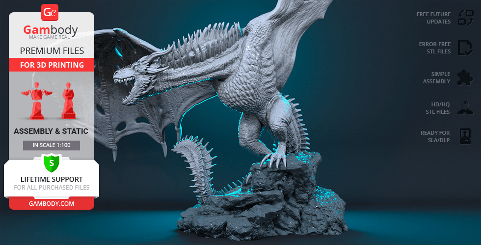 A detailed 3D model of a dragon with outstretched wings on a rocky base, designed for 3D printing.