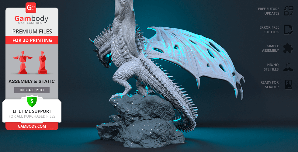 A 3D-rendered dragon perched on a rock, with wings extended, featured for 3D printing.