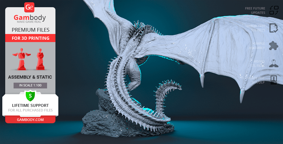 A 3D model image of a dragon with outstretched wings, showcased for 3D printing on a display platform.