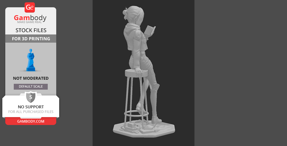 A 3D model of a standing female figure on a stool, with short hair, holding a book and wearing a jacket.