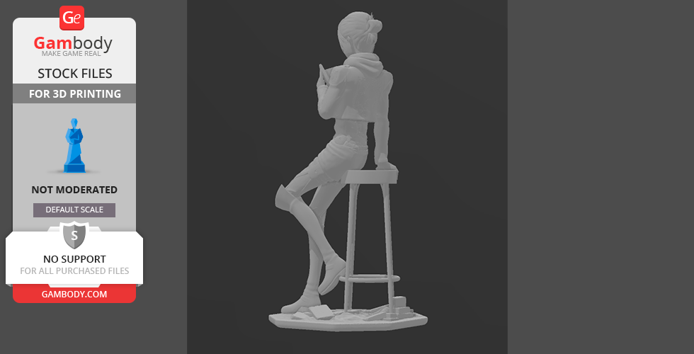 3D model of a seated character with crossed legs, wearing a hooded jacket, leaning on a tall stool.