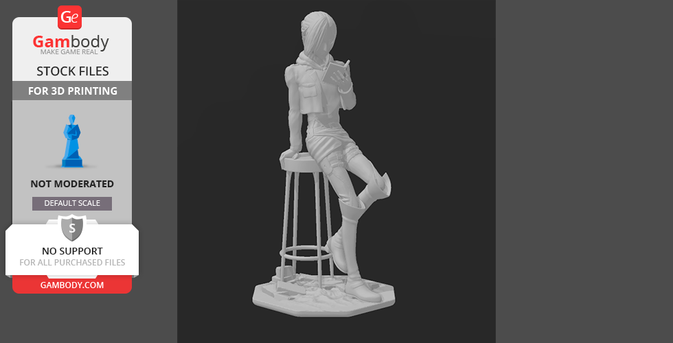 A detailed 3D model of a character leaning on a stool, wearing boots and a jacket, ready for printing.