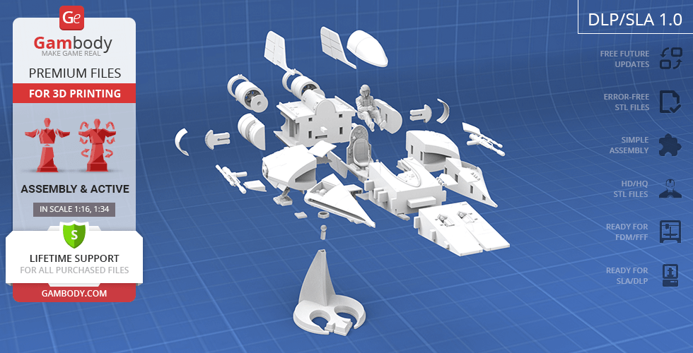 Disassembled 3D model parts of the RZ-1 A-Wing spaceship for printing, displayed on a grid background.