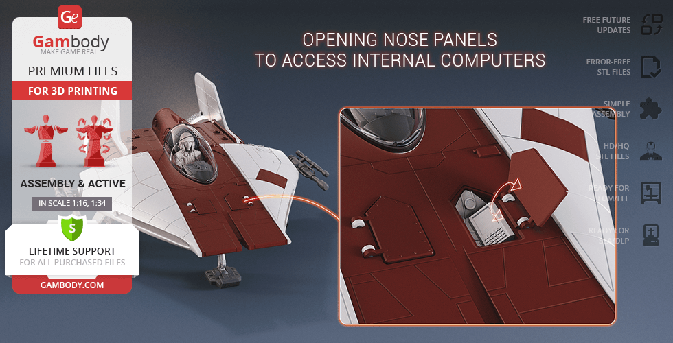 3D model of an RZ-1 A-Wing starfighter with open nose panels, showcasing internal computers for printing.