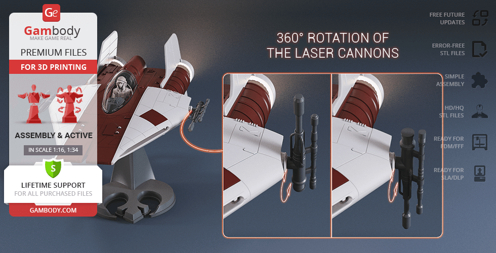 3D model of RZ-1 A-Wing with rotatable laser cannons, shown for 3D printing by Gambody.