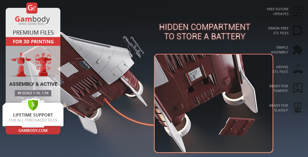 Image of a 3D printable RZ-1 A-Wing with a hidden battery compartment feature.