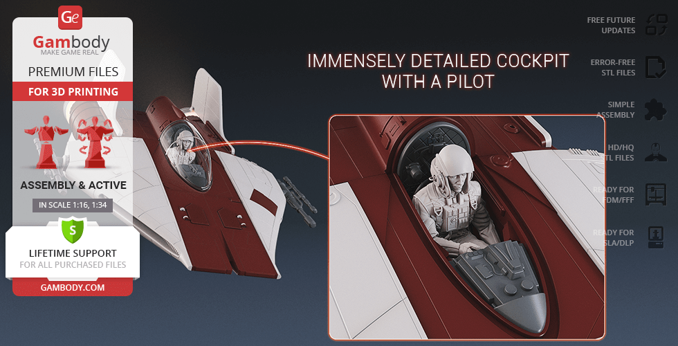A detailed 3D model of an RZ-1 A-Wing cockpit and pilot, ready for 3D printing.