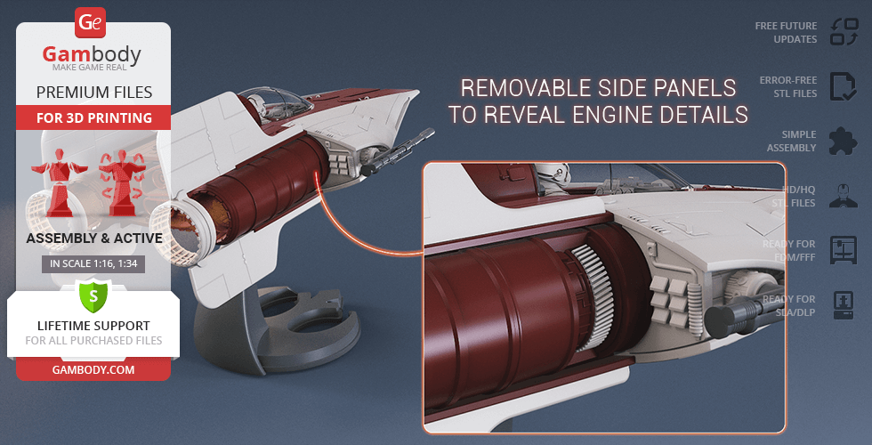 A detailed model of an RZ-1 A-Wing starfighter with removable panels for engine detail exposure.