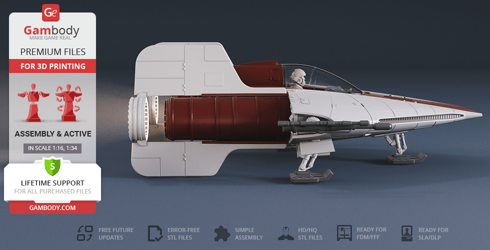 A detailed 3D model of an RZ-1 A-Wing starfighter for printing, with assembly and support info.