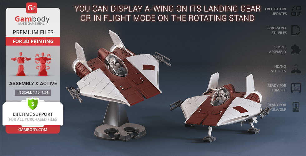 Two red and white RZ-1 A-Wing models, one on landing gear and one on a stand, displayed for 3D printing.