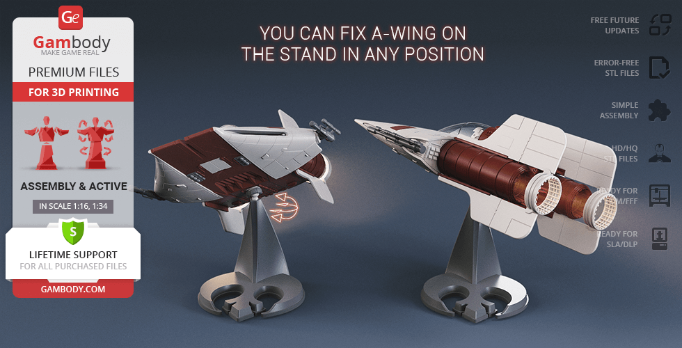 Two model RZ-1 A-Wing ships on stands for 3D printing, displayed from different angles.