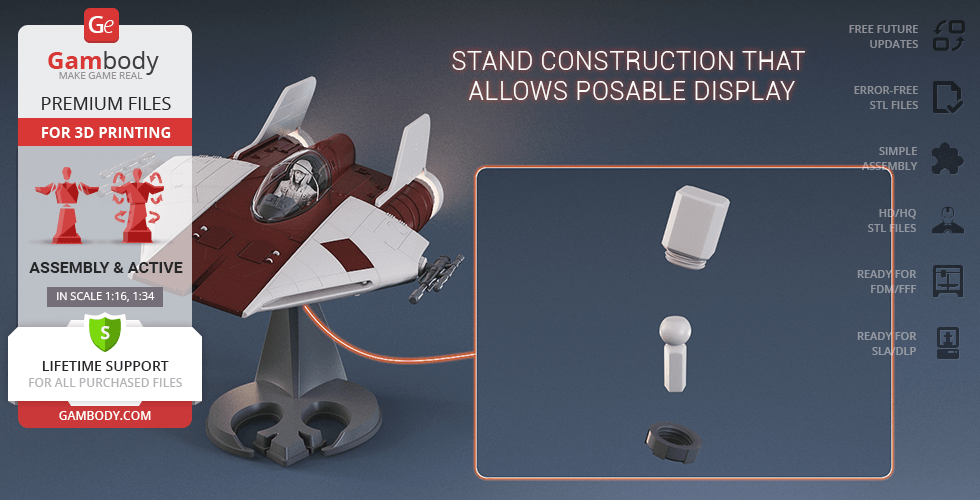3D model of an RZ-1 A-Wing from 'Star Wars,' on a stand, with assembly components, branded by Gambody.