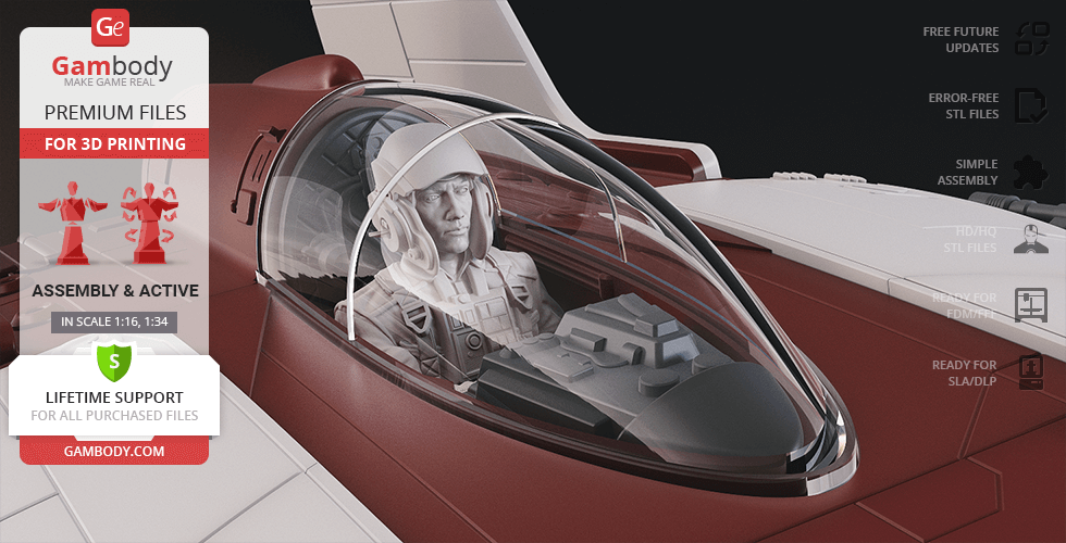 A detailed 3D model of an RZ-1 A-Wing starfighter cockpit, featuring a pilot, ready for 3D printing.