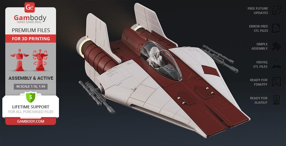 A detailed 3D model of an RZ-1 A-Wing starfighter ready for 3D printing.